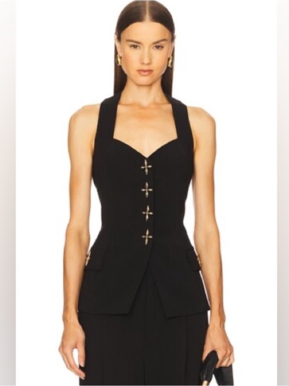 NEW NADINE MERABI Black Vest with Gold Chain Detail Size 10